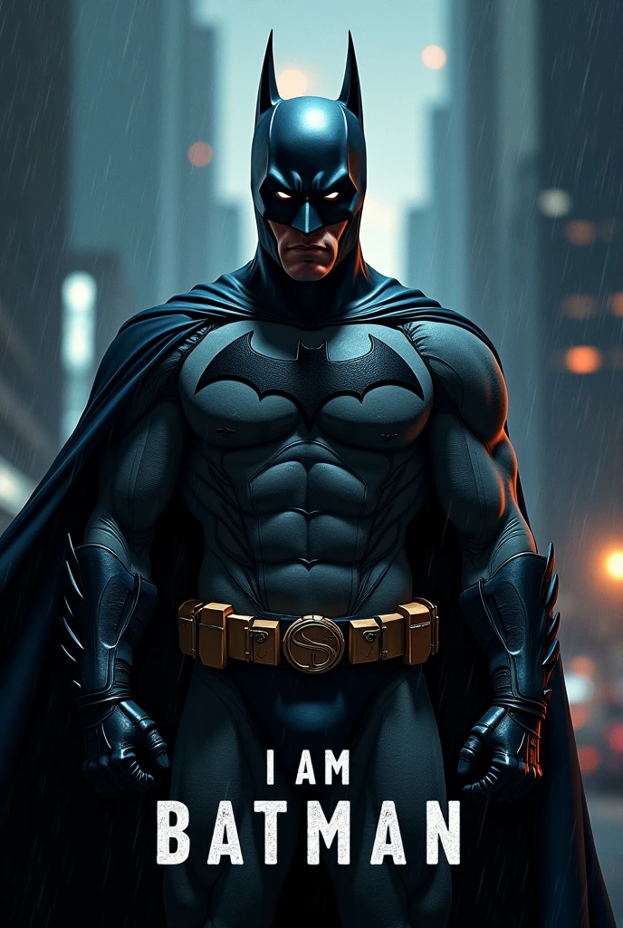 dark knight,batman,batman poster, with text on it reading "I AM BATMAN",dark dramatic lighting,moody atmosphere,cinematic,high contrast,gritty,brooding,chiaroscuro,strong shadows,intense colors,comic book style,comic book illustration,digital art,digital painting,8k,photorealistic,detailed facial features,detailed costume,dynamic pose,cityscape background,skyscrapers,night scene