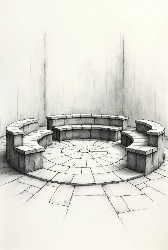 Architectural sketch drawing of semicircular benches made of stones for a small square