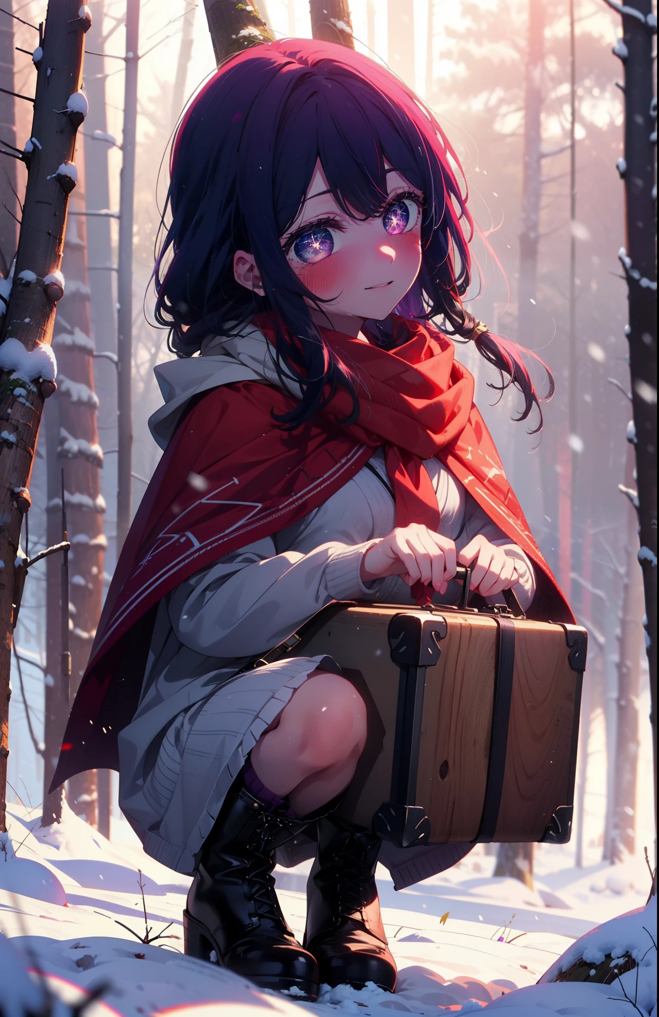 aihoshino, Ai Hoshino, Long Hair, bangs, (Purple eyes:1.1), Purple Hair, (Symbol-shaped pupil:1.5), smile,,smile,blush,white breath,
Open your mouth,snow,Ground bonfire, Outdoor, boots, snowing, From the side, wood, suitcase, Cape, Blurred, , forest, White handbag, nature,  Squat, Mouth closed, Cape, winter, Written boundary depth, Black shoes, red Cape break looking at viewer, Upper Body, whole body, break Outdoor, forest, nature, break (masterpiece:1.2), Highest quality, High resolution, unity 8k wallpaper, (shape:0.8), (Beautiful and beautiful eyes:1.6), Highly detailed face, Perfect lighting, Highly detailed CG, (Perfect hands, Perfect Anatomy),