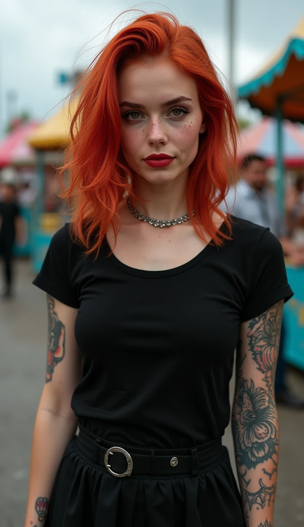 realistic portrait of a 25 year old woman, intense gaze, brown eyes, soft smile, freckles on her face, red hair, colorful tattoos, horror black tshirt, eyeliner, thin red lips, black skirt, silver accessories, jewelry silver, cloudy scenery, amusement park