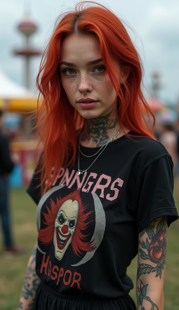 realistic portrait of a 25 year old woman, intense gaze, brown eyes, soft smile, freckles on her face, red hair, colorful tattoos, horror black tshirt, eyeliner, thin red lips, black skirt, silver accessories, jewelry silver, cloudy scenery, amusement park