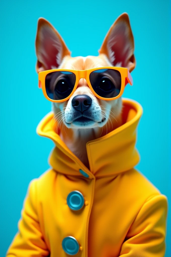 The best cell phone wallpaper, Award-Winning Wallpaper, portrait photography, In the front view is a portrait of a cute dog wearing mid-1960s space age fashion, Side view photo, Shot with Canon EOS R5, Set a strong contrast that accentuates the subject, Fluorescent blue tone, Wearing a very modern coat and sunglasses is a modern 1960s style, Clothes all in one color, beautiful background