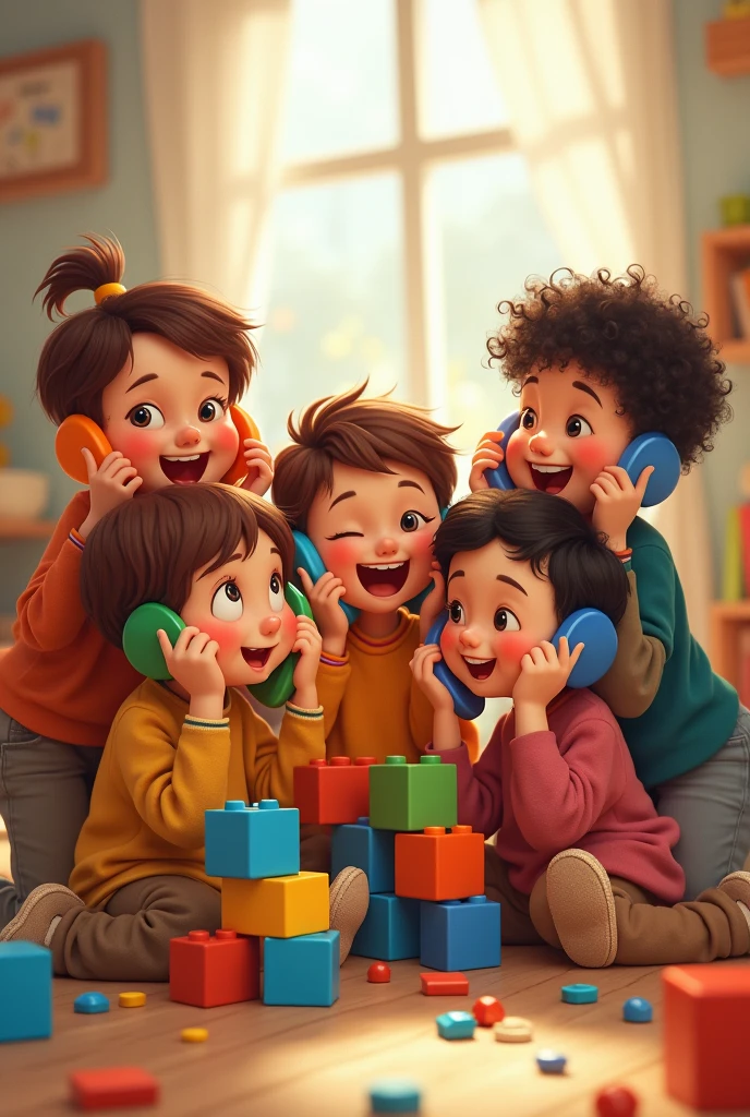 Children using toy block as a cellphone