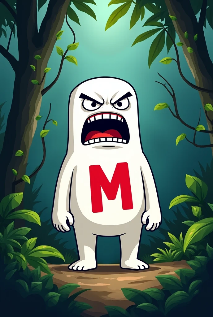 Make a logo a white stickman with angry  roar but funny face with m letter red in stomach and jungle background realstic