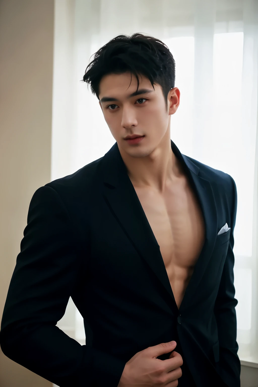 1 person, A 25-year-old muscular man, Wearing a black suit, No shirt, Showing off his six pack abs, Corset, Soft lighting, masterpiece, best quality, 8k ultra high definition, SLR camera, Film Grain, Fujifilm XT3 Realistic Art by Midjourney and Greg Rutkowski