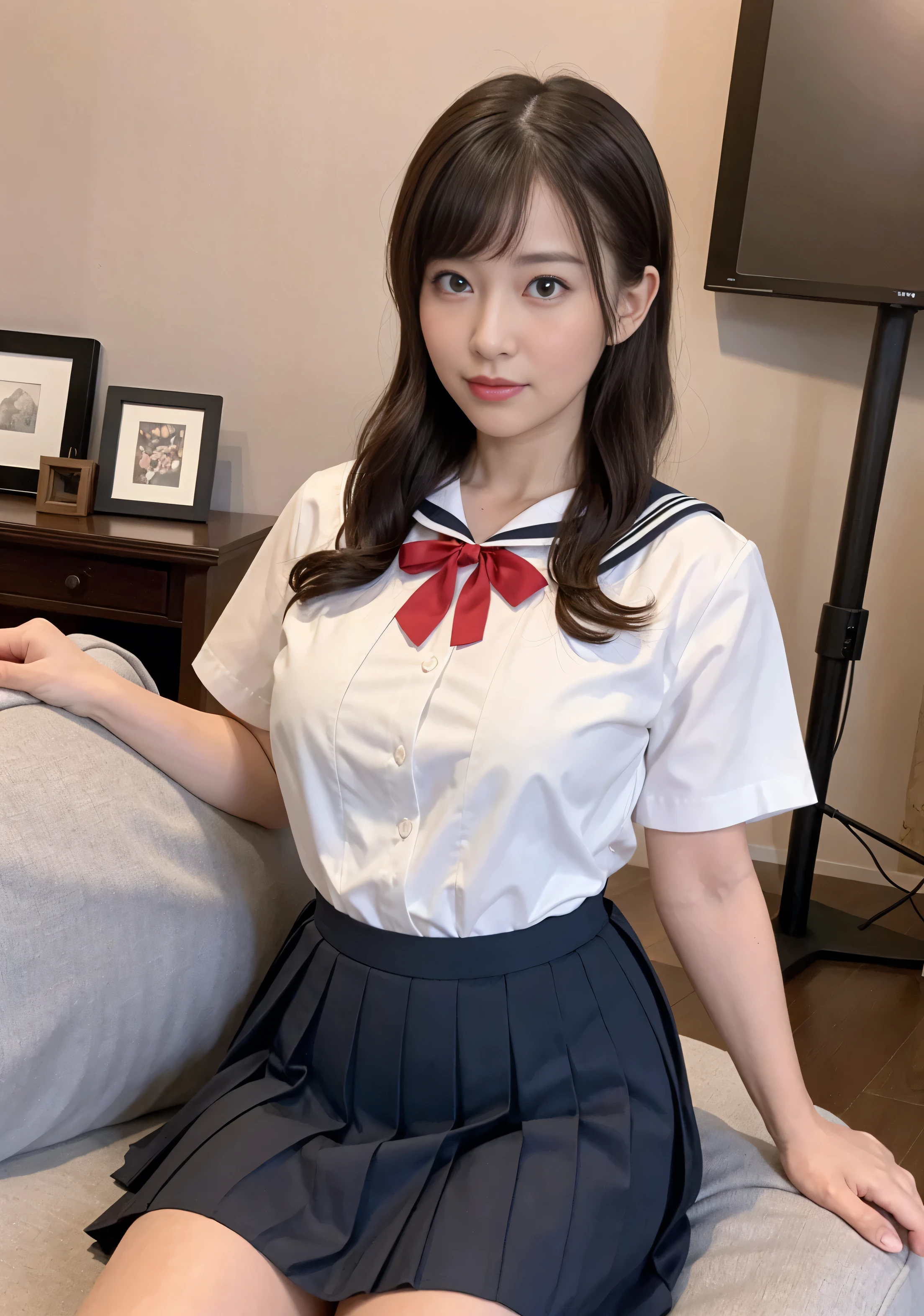 High school girls、、((Summer sailor uniform))A pure and beautiful girl、((Open your legs and show your white panties))、Sit on a chair with open legs、In the classroom、(Black pleated skirt)、Short-sleeved sailor suit、Beautiful pubic bone、Medium breast、Mid-size bust