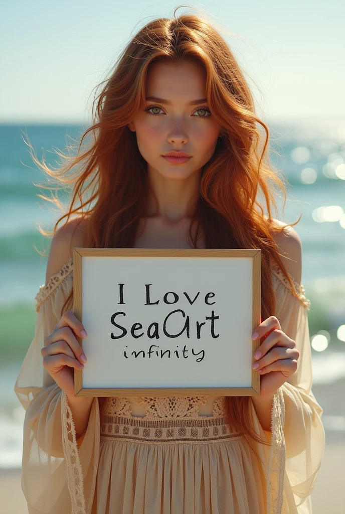 Beautiful girl with wavy long hair, bohemian dress, holding a white board with text "I Love Seaart Infinity" and showing it to the viewer