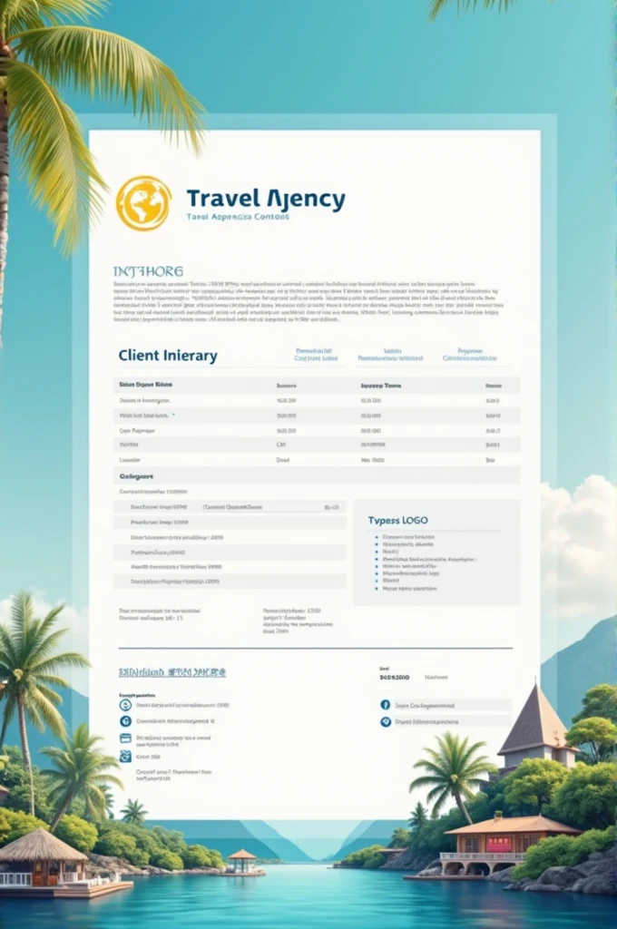 Imagine and Generate pictures of Word documents about travel agency "with Incorporate the provided logo and with Include essential details for client information, travel itinerary, and payment terms with Implement specified design elements and also with background images in line with travel agency brand aesthetics."