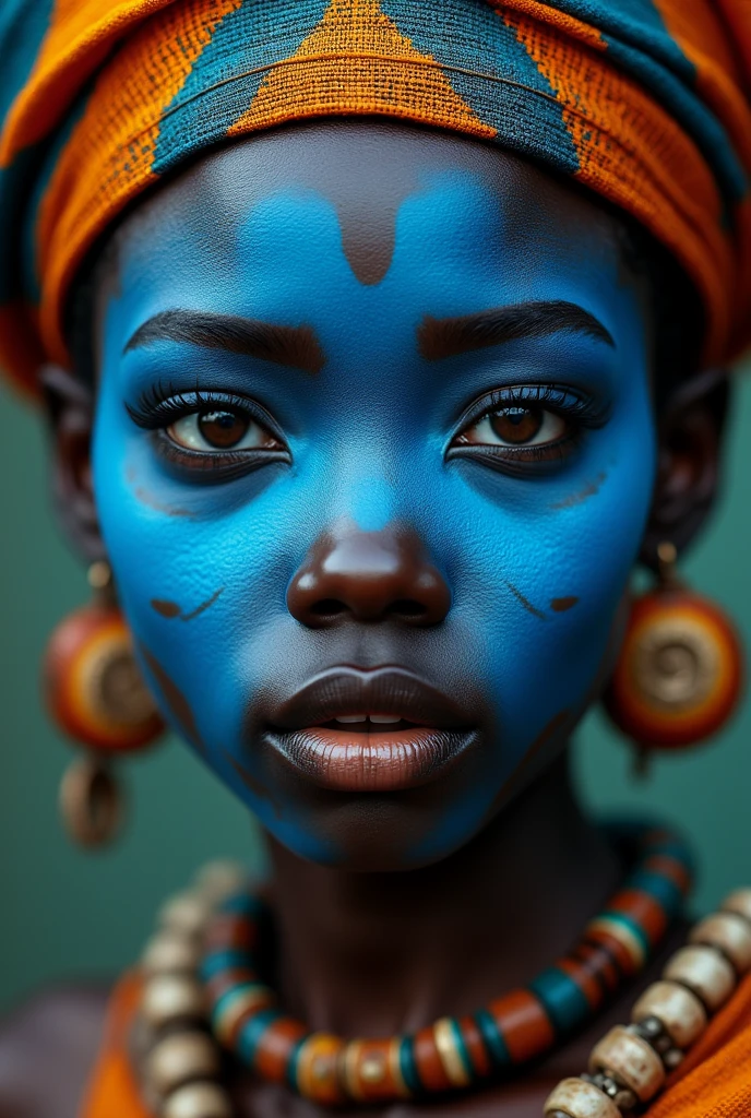 a close up of a woman with a blue face and headdress, stunning african princess, afrofuturism style, african princess, black african princess, afrofuturism, african queen, stunning portrait, 8k artistic portrait photography, afrofuturistic, anthropological photography, afrofuturist, futuristic himba teenage girl, beautiful portrait, beautiful futuristic himba woman, tribal makeup, fierce eyes