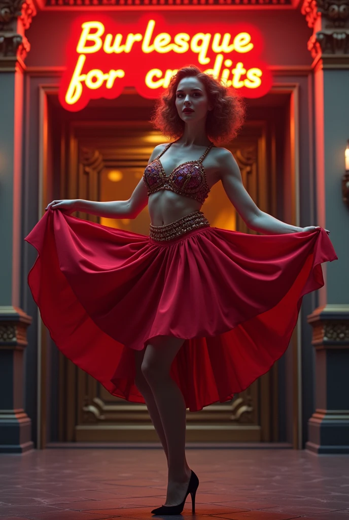 1female can-can dancer, mid-action with one leg up, vigorously manipulating her skirt and petticoat, detailed craftsmanship of her skirt and pantalettes visible, in front of a theater entrance, neon sign above reading "Burlesque for credits", evening setting, theater facade with ornate details, vivid colors, high contrast, dramatic lighting, photorealistic, dynamic angle, cinematic, lively atmosphere, retina, accurate, masterpiece, super detail, high details, best quality, award winning, highres, HD, 4K, 8k, 16k, retina, accurate, masterpiece, anatomically correct, textured skin, super detail, high quality, award winning, highres, 8k, 16k