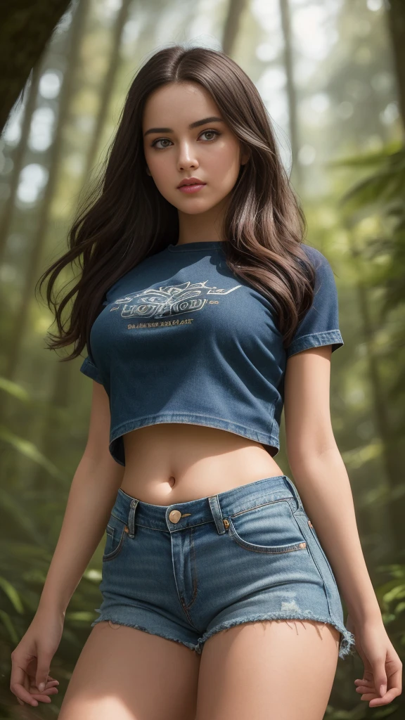 Masterpiece, best quality, teenage girl, Perfectly symmetrical face, beautiful face, Vintage style cropped t-shirt, Beautiful belly, sexy, Ripped denim shorts, Look down, Dynamic pose, In the forest park, Wide angle from a distant angle, Very beautiful and elegant,very detailed eyes, Fine texture, Detailed fabric, Beautifully detailed face, complicated details, Special details, 3d, 30k, movie theater light, Stunning light, shallow depth of light, Beautiful clothing details, Highly detailed, UDR, Sharp focus, Physics-based rendering