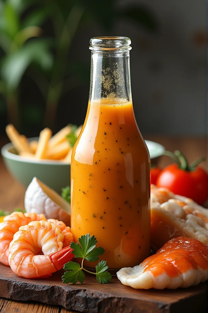 Seafood sauce in the bottle with seafood in the background