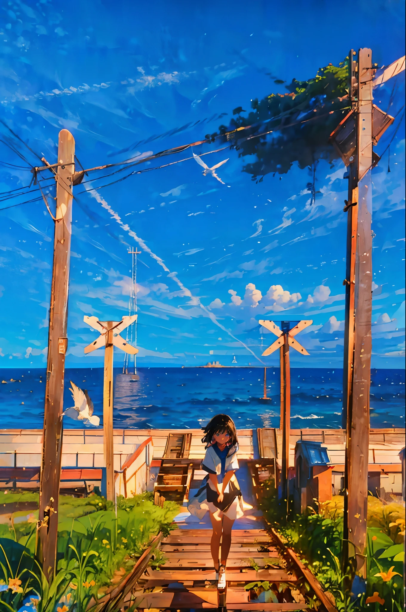 (Mastepiece), (Best Quality), Very detailed, (1 girl:1.5), (Full body solo shot:1.4), Perfect Face, beautiful girl, Very detailedな顔，(Black medium hair:1.5)，(blue eyes:1.4)，(Short sleeve white shirt:1.4)、(High school girls:1.4)、youth、bird、sunlight、(Ocean、Station platform:1.4)、(train、line:1.5)、(Summer in the countryside、cumulonimbus、blue sky:1.4)、mysterious、Fantasy、beautiful、Beautiful Landscape