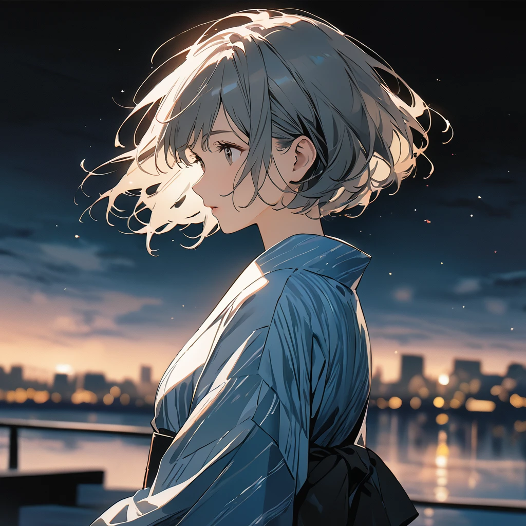 anime、Digital Art、Flat Design、超High resolution, (masterpiece:1.2), Highest quality, High resolution, Awards, Attention to detail,woman, summer landscape, fireworks, wind breeze, short hair, yukata, beautiful, ennui, illustration, illustration, posterization, In Duotone, ((best quality, masterpiece)), (ultra high resolution:1.0), 8k, (((blur background))), digital art