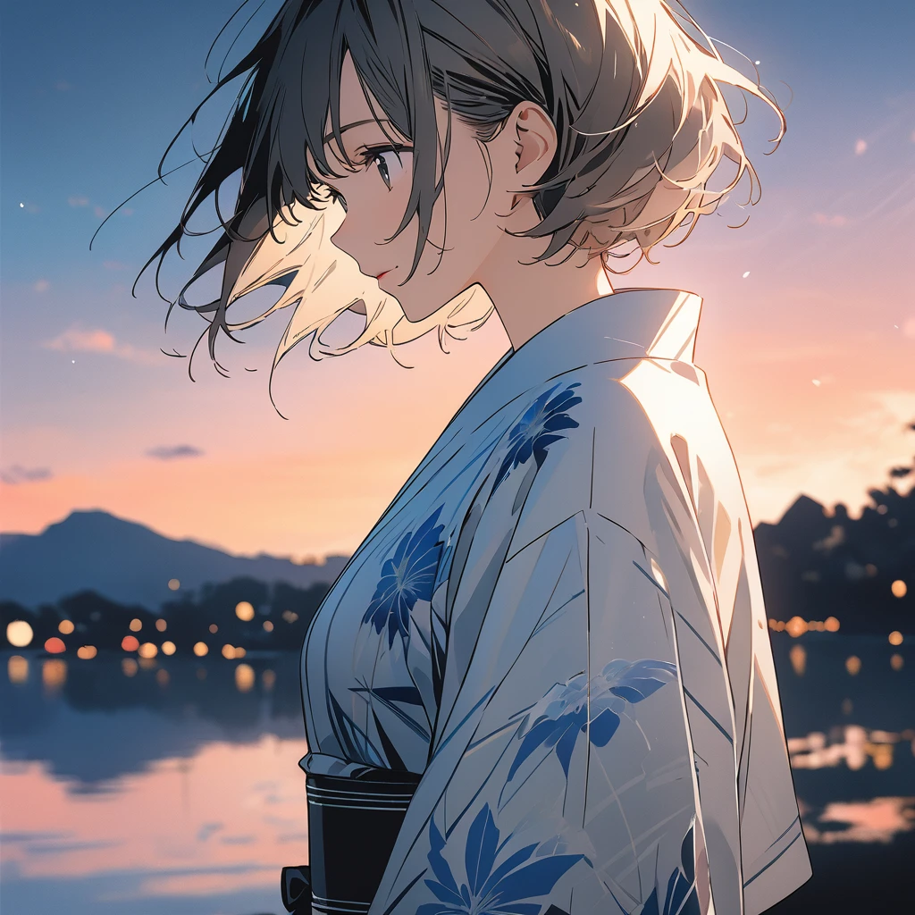 anime、Digital Art、Flat Design、超High resolution, (masterpiece:1.2), Highest quality, High resolution, Awards, Attention to detail,woman, summer landscape, fireworks, wind breeze, short hair, yukata, beautiful, ennui, illustration, illustration, posterization, In Duotone, ((best quality, masterpiece)), (ultra high resolution:1.0), 8k, (((blur background))), digital art