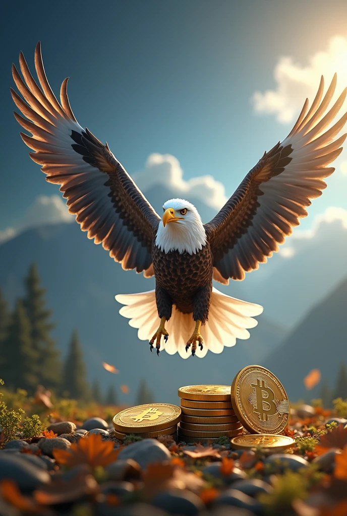 white eagle flying over bitcoin