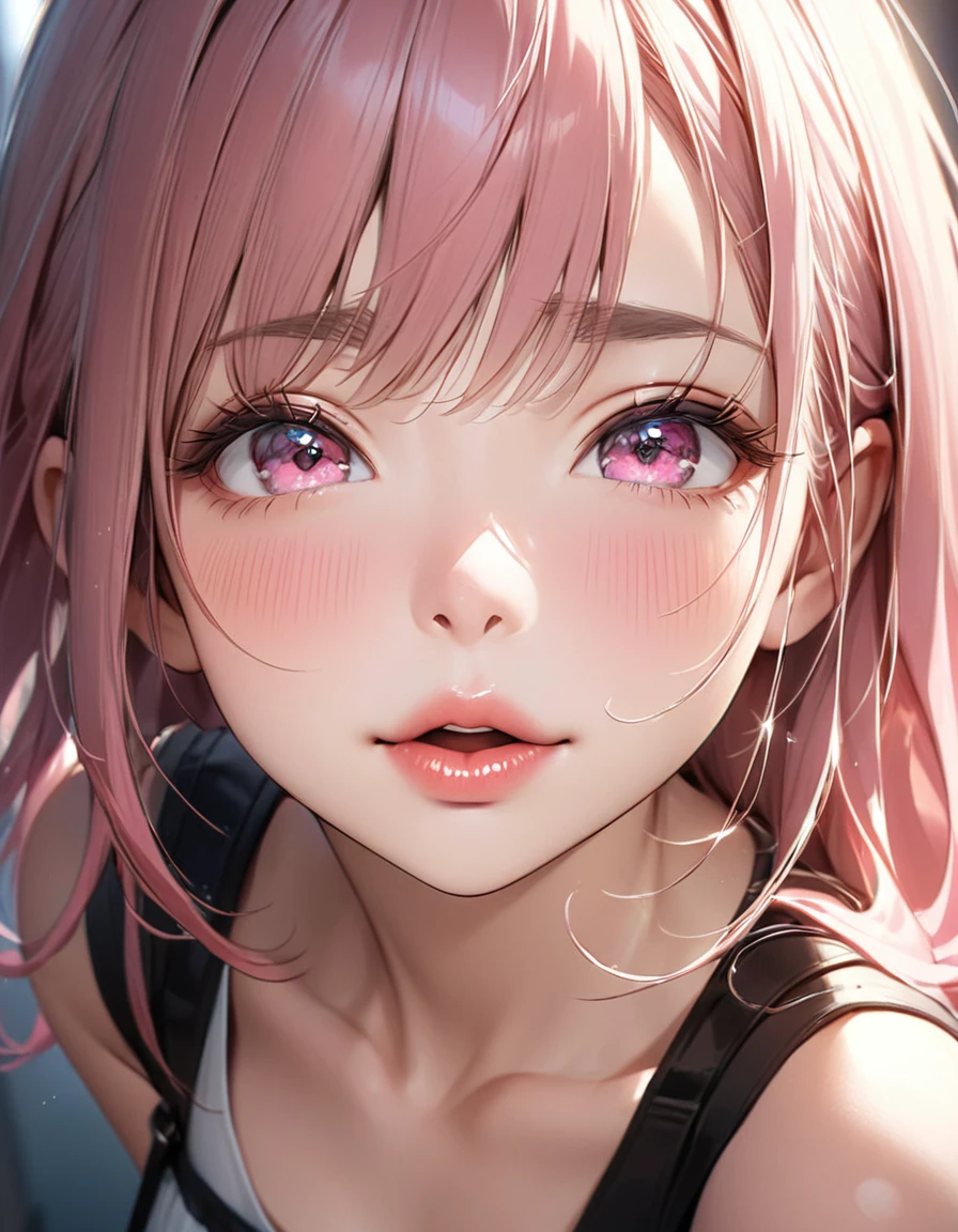 The face of a beautiful girl approaches the viewer, (Girls kissing), alone, (Hair Ribbon:0.4), Pink Eyes,(((White bun hair))),(((Pink long hair))),Perfect and attractive face, Mouth trying to kiss, (((Squint your eyes))), Put your chin forward, Expectations, Shyness, joy, blush, Realistic and attractive nose, Delicate and elegant eyelashes, Fine and thin eyebrows, Natural Makeup, Delicate and perfect brushwork, young and lively々Fresh Skin, break: Showing affection to the audience, Expectations, Shyness, joy, blush, I close my eyes in fear, Put your chin forward, Lips asking for a kiss, Detailed and realistic skin texture, Cute and sexy gestures that will charm you, ((Facing the audience)), View your viewers, Jaw sticking out, Please lower your eyelids, Detailed and engaging, Seduce you, break ((Gently closed eyelids)), The approaching lips, break (close your eyes, Lips asking for a kiss, Approaching Face, Chin forward), (look up:1.3), ((Facing you)), break Face up and look up, Mouth closed for a kiss, (close your eyes:1.3), Expectations, Shyness, joy, blush, Realistic and captivating depictions, First-person view of the viewer, The kiss, (Close-up of face seen from above:1.2).Kunimi Tama