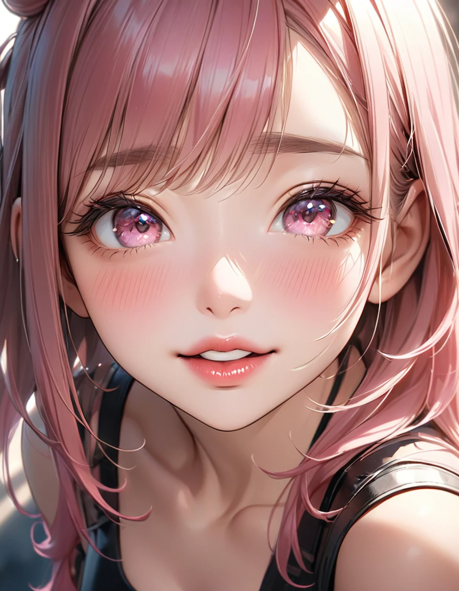 The face of a beautiful girl approaches the viewer, (Girls kissing), alone, (Hair Ribbon:0.4), Pink Eyes,(((White bun hair))),(((Pink long hair))),Perfect and attractive face, Mouth trying to kiss, (((Squint your eyes))), Put your chin forward, Expectations, Shyness, joy, blush, Realistic and attractive nose, Delicate and elegant eyelashes, Fine and thin eyebrows, Natural Makeup, Delicate and perfect brushwork, young and lively々Fresh Skin, break: Showing affection to the audience, Expectations, Shyness, joy, blush, I close my eyes in fear, Put your chin forward, Lips asking for a kiss, Detailed and realistic skin texture, Cute and sexy gestures that will charm you, ((Facing the audience)), View your viewers, Jaw sticking out, Please lower your eyelids, Detailed and engaging, Seduce you, break ((Gently closed eyelids)), The approaching lips, break (close your eyes, Lips asking for a kiss, Approaching Face, Chin forward), (look up:1.3), ((Facing you)), break Face up and look up, Mouth closed for a kiss, (close your eyes:1.3), Expectations, Shyness, joy, blush, Realistic and captivating depictions, First-person view of the viewer, The kiss, (Close-up of face seen from above:1.2).Kunimi Tama