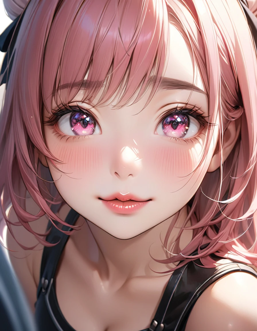 The face of a beautiful girl approaches the viewer, (Girls kissing), alone, (Hair Ribbon:0.4), Pink Eyes,(((White bun hair))),(((Pink long hair))),Perfect and attractive face, Mouth trying to kiss, (((Squint your eyes))), Put your chin forward, Expectations, Shyness, joy, blush, Realistic and attractive nose, Delicate and elegant eyelashes, Fine and thin eyebrows, Natural Makeup, Delicate and perfect brushwork, young and lively々Fresh Skin, break: Showing affection to the audience, Expectations, Shyness, joy, blush, I close my eyes in fear, Put your chin forward, Lips asking for a kiss, Detailed and realistic skin texture, Cute and sexy gestures that will charm you, ((Facing the audience)), View your viewers, Jaw sticking out, Please lower your eyelids, Detailed and engaging, Seduce you, break ((Gently closed eyelids)), The approaching lips, break (close your eyes, Lips asking for a kiss, Approaching Face, Chin forward), (look up:1.3), ((Facing you)), break Face up and look up, Mouth closed for a kiss, (close your eyes:1.3), Expectations, Shyness, joy, blush, Realistic and captivating depictions, First-person view of the viewer, The kiss, (Close-up of face seen from above:1.2).Kunimi Tama