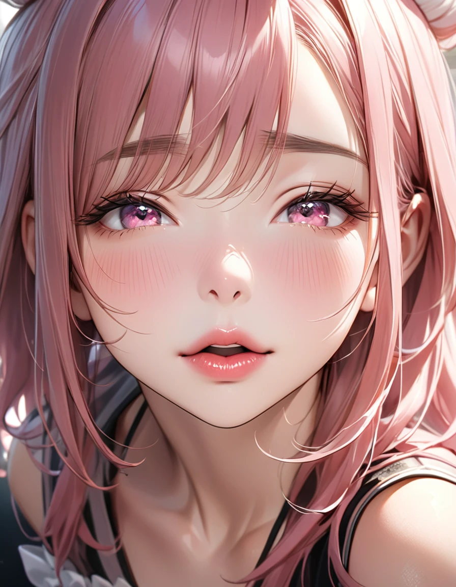 The face of a beautiful girl approaches the viewer, (Girls kissing), alone, (Hair Ribbon:0.4), Pink Eyes,(((White bun hair))),(((Pink long hair))),Perfect and attractive face, Mouth trying to kiss, (((Squint your eyes))), Put your chin forward, Expectations, Shyness, joy, blush, Realistic and attractive nose, Delicate and elegant eyelashes, Fine and thin eyebrows, Natural Makeup, Delicate and perfect brushwork, young and lively々Fresh Skin, break: Showing affection to the audience, Expectations, Shyness, joy, blush, I close my eyes in fear, Put your chin forward, Lips asking for a kiss, Detailed and realistic skin texture, Cute and sexy gestures that will charm you, ((Facing the audience)), View your viewers, Jaw sticking out, Please lower your eyelids, Detailed and engaging, Seduce you, break ((Gently closed eyelids)), The approaching lips, break (close your eyes, Lips asking for a kiss, Approaching Face, Chin forward), (look up:1.3), ((Facing you)), break Face up and look up, Mouth closed for a kiss, (close your eyes:1.3), Expectations, Shyness, joy, blush, Realistic and captivating depictions, First-person view of the viewer, The kiss, (Close-up of face seen from above:1.2).Kunimi Tama
