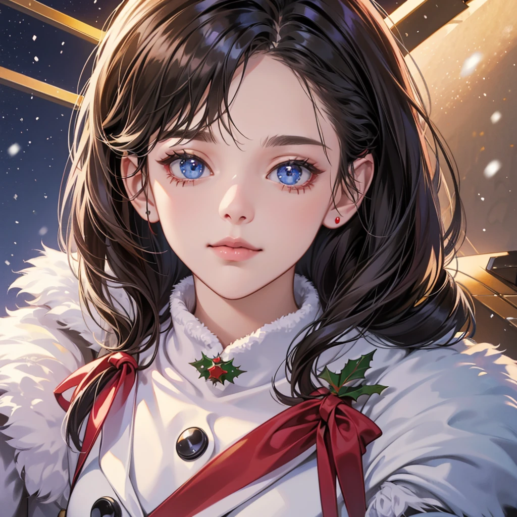 Christmas theme, 1 cute beautiful cyborg, 8k, hd, unreal engine, masterpiece, 4k, extra details, Christmas decoration, snow, close face, Christmas cosplay,  christmas gifts, christmas presents