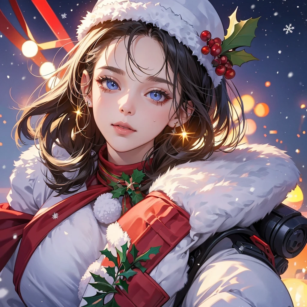 Christmas theme, 1 cute beautiful cyborg, 8k, hd, unreal engine, masterpiece, 4k, extra details, Christmas decoration, snow, close face, Christmas cosplay, christmas gifts, christmas presents