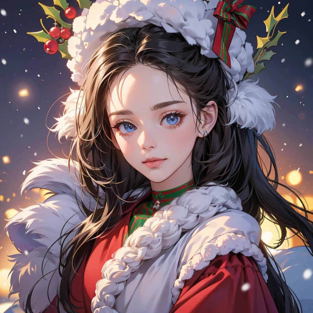 Christmas theme, 1 cute beautiful cyborg, 8k, hd, unreal engine, masterpiece, 4k, extra details, Christmas decoration, snow, close face, Christmas cosplay, christmas gifts, christmas presents