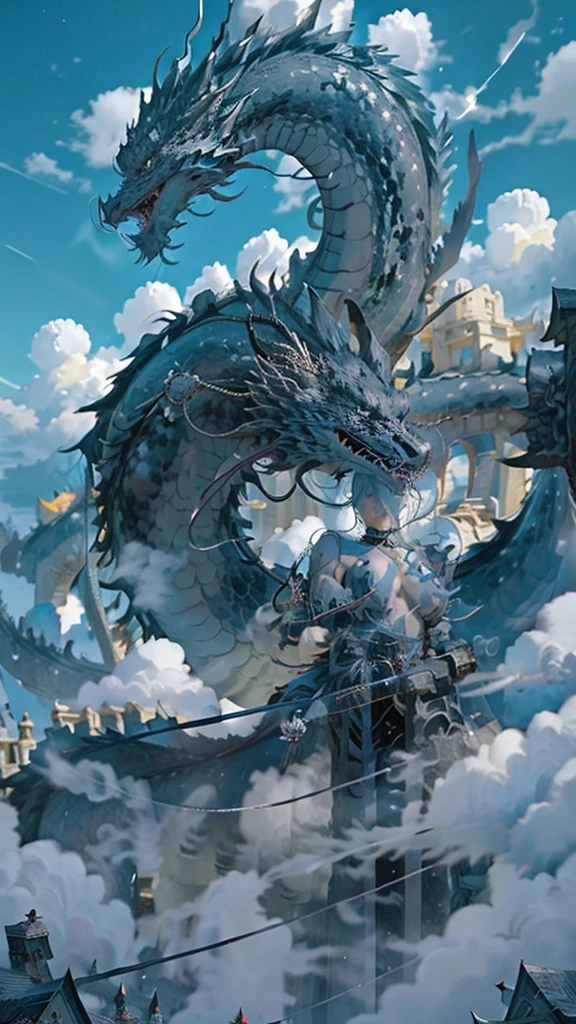 Surrealism, Reality, Up to 8K resolution, Extremely detailed, Perfect Lightning, A beautiful princess riding a black dragon, Naked Princess, Large Breasts, 今天多cloud, cloud, perfectly clouds, Perfect sky, Perfect Black Dragon,