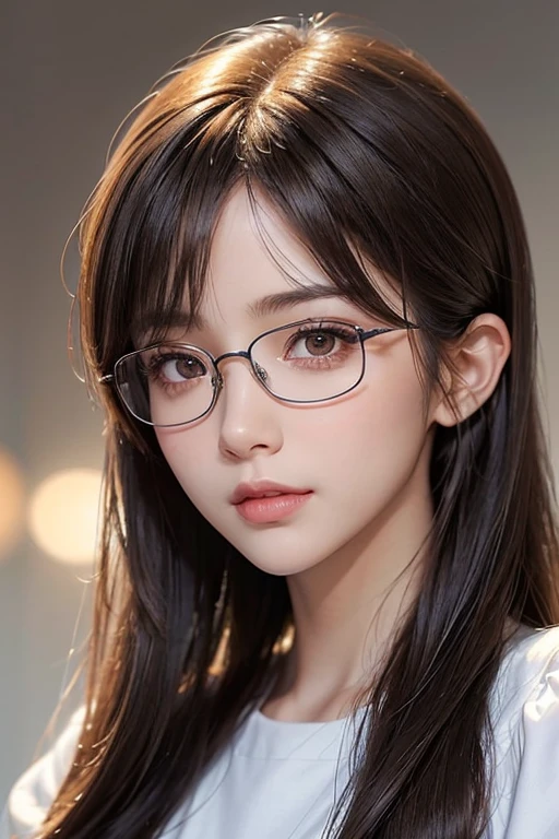 /imagine: Digital illustration of a young woman in her twenties。((face:
Sharp jaw、Thin eyebrows、知的なface立ち
大きな目と高い鼻
目:
Brown eyes、A hairstyle with subtle highlights and gentle glowing eyes:
Medium Length:1.6、The bangs are cut diagonally and the hair color is dark brown.:
Light Skin Tone、Smooth and healthy looking skin:
Gentle and gentle smile accessories:
Glasses that give an intellectual impression))。Simple white background、Highlight her features。The style is photorealistic、The texture of the skin and the fine details of the hair are depicted with great detail.。The image is in portrait format、Composition suitable for SNS profile picture。