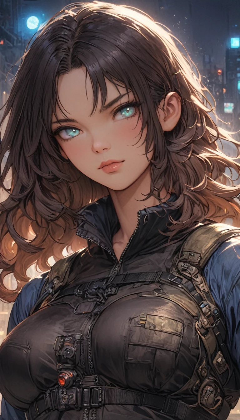 best quality,4k,8k,highres,masterpiece:1.2),ultra-detailed, extremely detailed eyes, extremely detailed body, (large masterpiece digital art), (detailed manga illustration), (detailed line art), ((perfect anatomy)), (intricate details:1.3), (ultra-detailed:1.3), (illustration:1.3), (sharp focus:1.3), (natural lighting:1.05), (vivid colors:1.3), (masterpiece), (best quality:1.4), (perfect anatomy:1.4), high quality, expressive eyes, full body, detailed face, beautiful face, perfect face, 1 girl, muscular, large breasts, long hair, light brown hair, curly hair, straight hair, detailed hair, ((tactical clothes)), t-shirt, tactical vest, black pants, pale skin, aquamarine eyes, splash art, curvy, black combat boots, cinematic lighting, dramatic atmosphere, Atey Ghailan, Jeremy Mann, Greg Manchess, Antonio Moro, trend in ArtStation, trend in CGSociety, Intricate, High Detail, Sharp focus, dramatic and photorealistic painting art by Midjourney and Greg Rutkowski, Jeff Bridges, ((cartoon style)), Marvel Cinematic Universe style, (((Night sky in the background))),