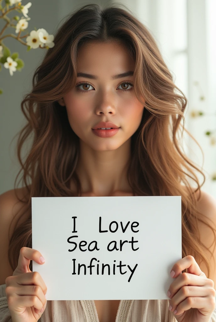 Beautiful girl with wavy long hair, bohemian dress, holding a white board with text "I Love Seaart Infinity" and showing it to the viewer
