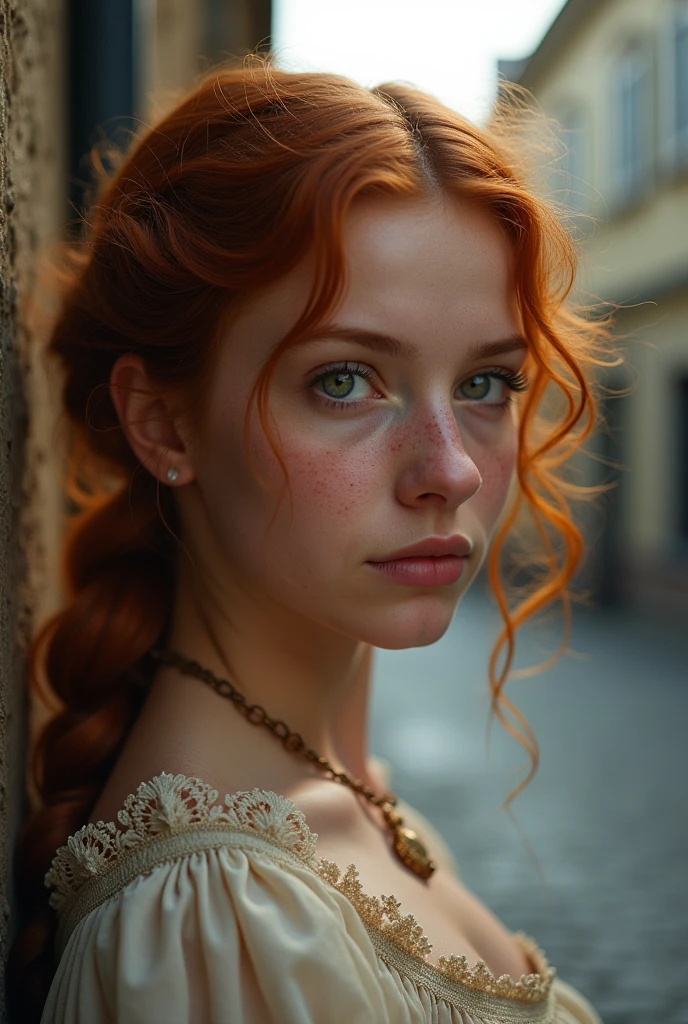 (close-up of a beautiful 15 year old girl on a 19th century street wearing a vintage dress), (serious:0.5), (very detailed face:1.4), ass POV, Nikon D850, photo from the film, 4 Kodak Portra 400, f1 camera.6 lenses, rich colors, hyperrealistic, realistic texture, dramatic lighting, film studio 800, Nineteenth-century Victorian style., evening, Vintage lighting, Red hair, green eyes, freckles, naked, 18+
