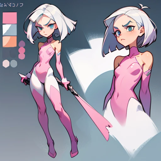 A girl with silver-white hair, straight and cut in a short bob style that falls just above her shoulders.
- Her hair is parted with a side part, leaving one side slightly longer than the other.
- Her bangs are long, partially covering her forehead and falling gently to the left side of her face.

- Her face is oval with delicate, well-defined features.
- She has clear, smooth skin, without blemishes.
- Her eyes are large and a light blue color, with an intense and determined look.
- Her eyebrows are thin, well-defined, and the same color as her hair.
- She has a small, straight nose, and her lips are thin, with a natural pink tone.

- with a slim, slender figure, with slightly angled shoulders.
- Her posture is straight and elegant, giving her an air of confidence and sophistication.

Dressed in White with blue, red and yellow highlights  erotic  latex Lingerie  and with Technological elements 

(((character sheet))) ((various views)) ((front and back) (full body)
