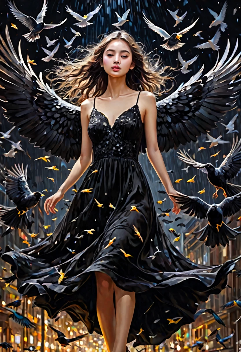 Rough surface, oil on canvas style, delicate face, upper body, a girl, a girl in a black dress, big bird wings, fluttering, surrounded by birds, extreme flow, night, super detailed, intricate, 32k uhd megapixels
best quality --iw 0.5 --q 2 - -s 750 - -two 2 5