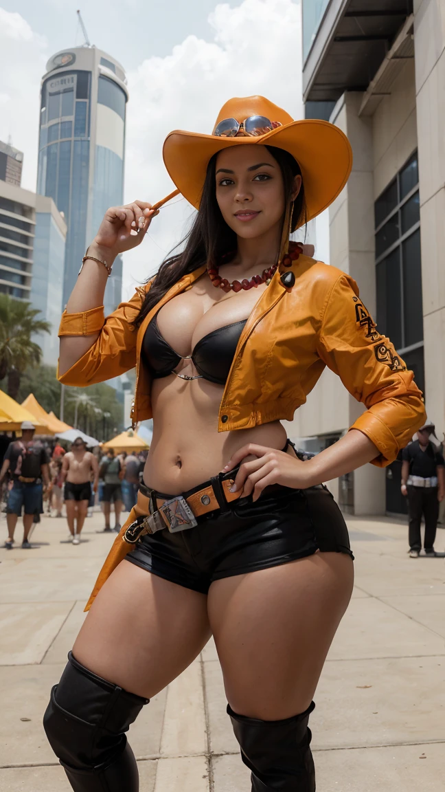 masterpiece, best quality, highres, female ace cosplay, 1girl, short black hair, brown eyes, cowboy hat, orange hat, hat with goggles, yellow bikini top, necklace, large bead necklace, open jacket, black jacket, sleeveless, midriff, toned abs, black shorts, orange belt, belt with "A" buckle, thigh holster, leg strap, arm band, standing, cowboy shot, outdoors, smile, ((public gathering)), (((convention center))), (((cosplay event))), (((sci-fi decor))), (((long shot))), (((curvy hourglass waist))), (((thick thighs))), (((energetic pose))), (((fan interactions))), (((modern architecture in the background)))