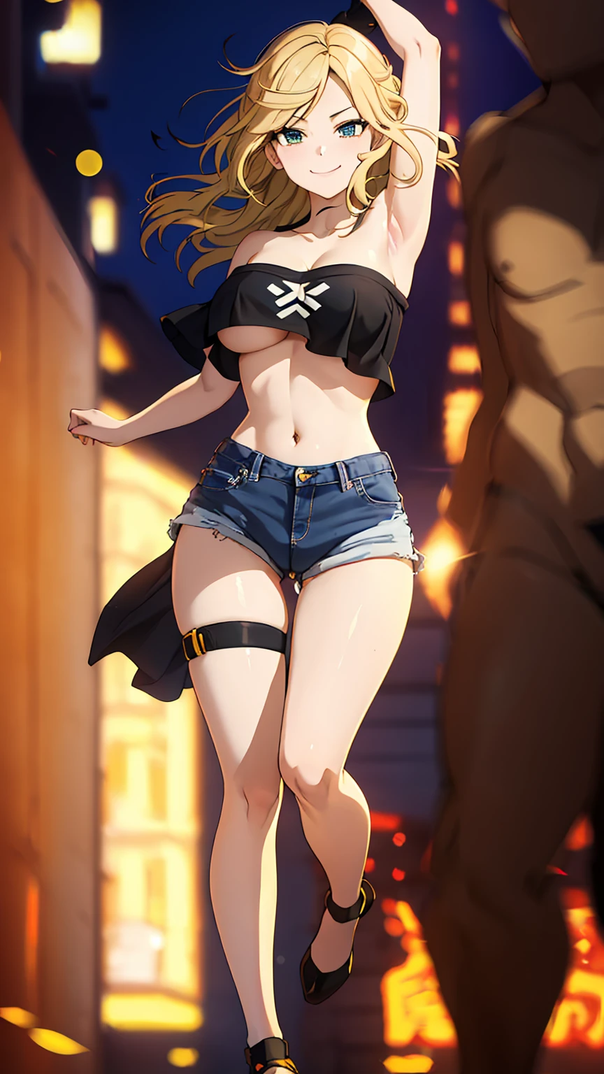 1girl, anime girl, 2d girl, 18y, (fullbody), standing, anime girl, seductive smile, (((blonde hair, flowing hair, hair flowing in the wind))), ((black,tube top,strapless)), ((underboob view)), cleavage, Solo, Slim, Big Breasts, Tight Shorts, low waist shorts, upshorts, outdoors, night background, flowers, looking at viewer, darker shadows, (((explicit))), (((short,shorts))), (((absurdres))), (((thigh gap))), (((cameltoe))), (((lowleg shorts))), (((sexy))), (((sensual))), (((Tube Top))), (((Strapless)))