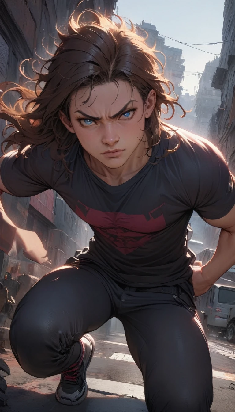 best quality,4k,8k,highres,masterpiece:1.2),ultra-detailed, extremely detailed eyes, extremely detailed body, (large masterpiece digital art), (detailed manga illustration), (detailed line art), ((perfect anatomy)), (intricate details:1.3), (ultra-detailed:1.3), (illustration:1.3), (sharp focus:1.3), (natural lighting:1.05), (vivid colors:1.3), (masterpiece), (best quality:1.4), (perfect anatomy:1.4), high quality, expressive eyes, full body, detailed face, beautiful face, perfect face, 1boy, angry, ((male focus)), muscular, detailed messy hair, long hair, brown hair, blue eyes, t-shirt, jean pants, sneakers, cinematic lighting, dramatic atmosphere, Atey Ghailan, Jeremy Mann, Greg Manchess, Antonio Moro, trend in ArtStation, trend in CGSociety, Intricate, High Detail, Sharp focus, dramatic and photorealistic painting art by Midjourney and Greg Rutkowski, Jeff Bridges, ((cartoon style)), Marvel Cinematic Universe style, (((ruined city in the background))),