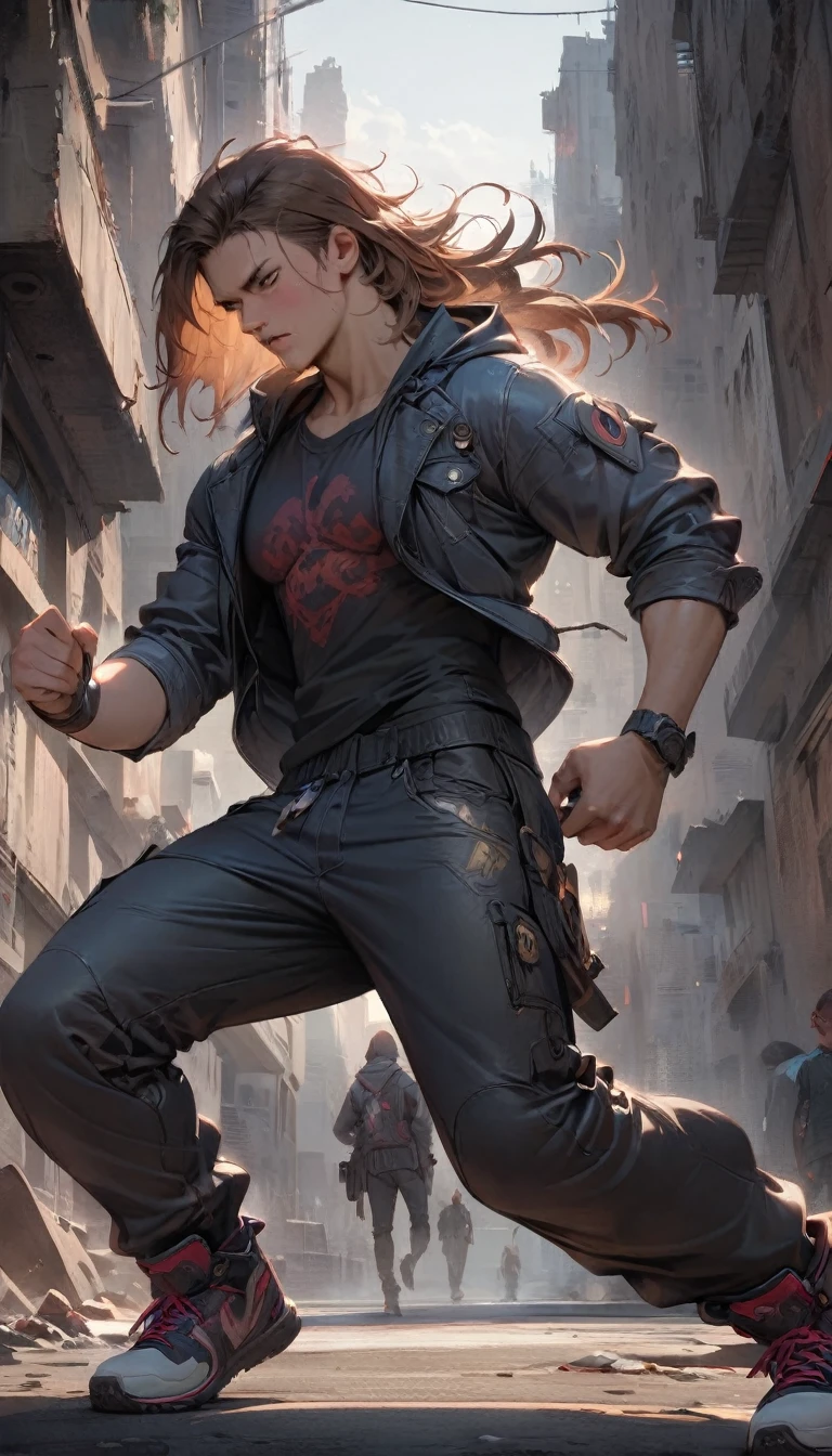 best quality,4k,8k,highres,masterpiece:1.2),ultra-detailed, extremely detailed eyes, extremely detailed body, (large masterpiece digital art), (detailed manga illustration), (detailed line art), ((perfect anatomy)), (intricate details:1.3), (ultra-detailed:1.3), (illustration:1.3), (sharp focus:1.3), (natural lighting:1.05), (vivid colors:1.3), (masterpiece), (best quality:1.4), (perfect anatomy:1.4), high quality, expressive eyes, full body, detailed face, beautiful face, perfect face, 1boy, angry, ((male focus)), muscular, detailed messy hair, long hair, brown hair, blue eyes, t-shirt, jean pants, sneakers, cinematic lighting, dramatic atmosphere, Atey Ghailan, Jeremy Mann, Greg Manchess, Antonio Moro, trend in ArtStation, trend in CGSociety, Intricate, High Detail, Sharp focus, dramatic and photorealistic painting art by Midjourney and Greg Rutkowski, Jeff Bridges, ((cartoon style)), Marvel Cinematic Universe style, (((ruined city in the background))),
