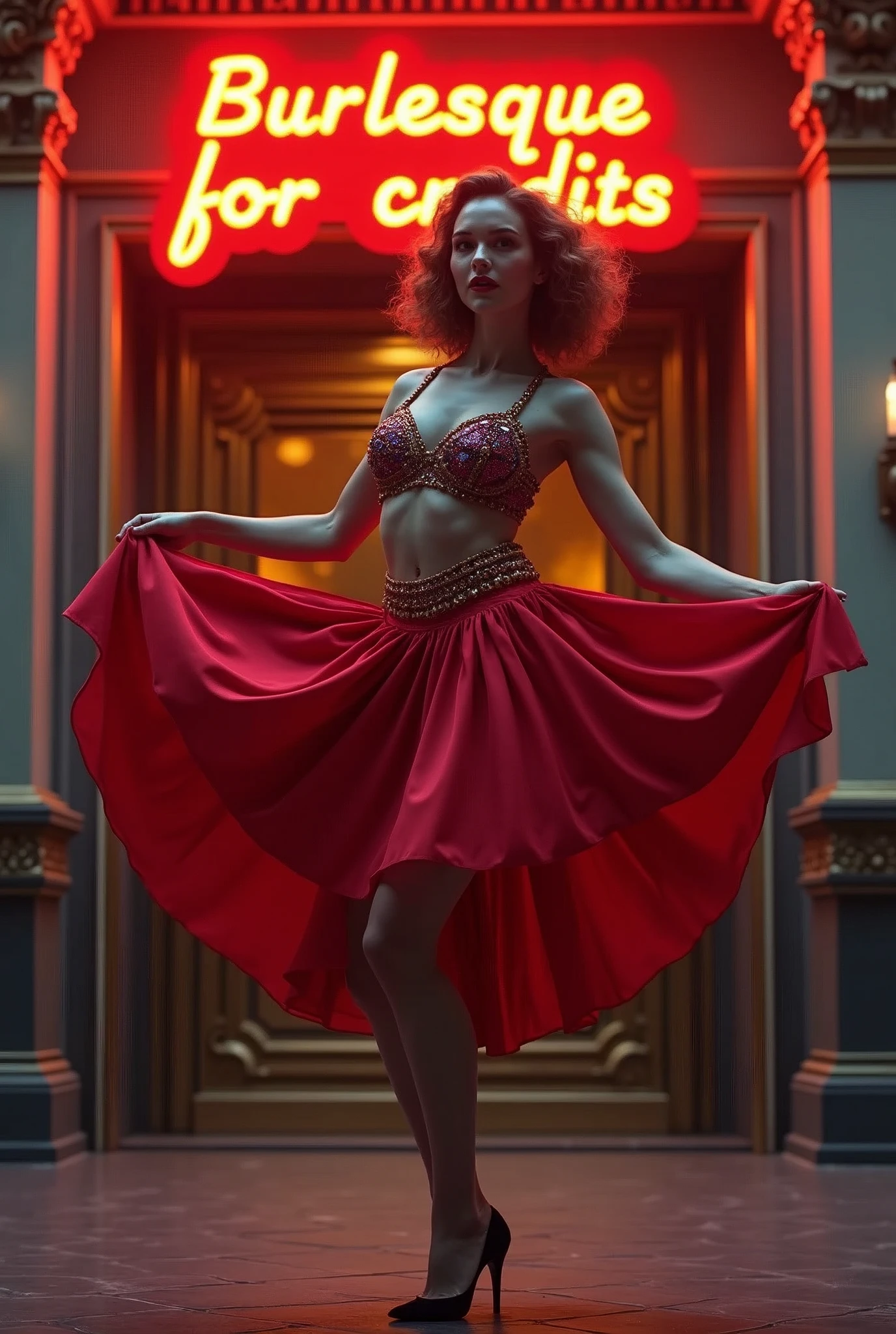 1female can-can dancer, mid-action with one leg up, vigorously manipulating her skirt and petticoat, detailed craftsmanship of her skirt and pantalettes visible, in front of a theater entrance, neon sign above reading "Burlesque for credits", evening setting, theater facade with ornate details, vivid colors, high contrast, dramatic lighting, photorealistic, dynamic angle, cinematic, lively atmosphere, retina, accurate, masterpiece, super detail, high details, best quality, award winning, highres, HD, 4K, 8k, 16k, retina, accurate, masterpiece, anatomically correct, textured skin, super detail, high quality, award winning, highres, 8k, 16k