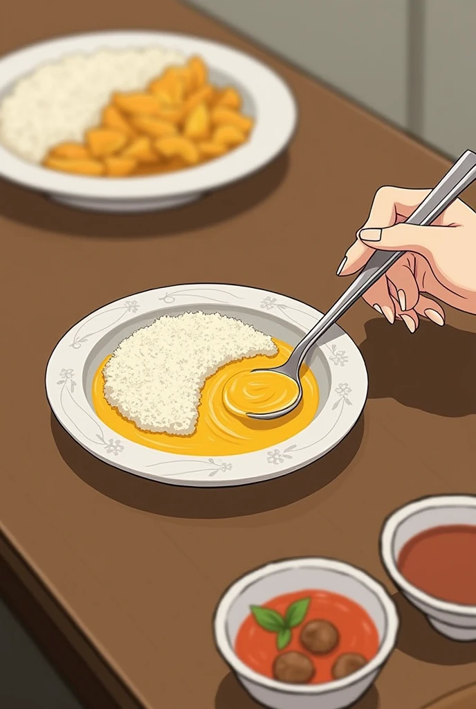The children gathered in the dining hall、I am eating curry rice made by Japanese people.。Curry roux and rice are served on separate small plates.。Being watched over by my grandma and grandpa。