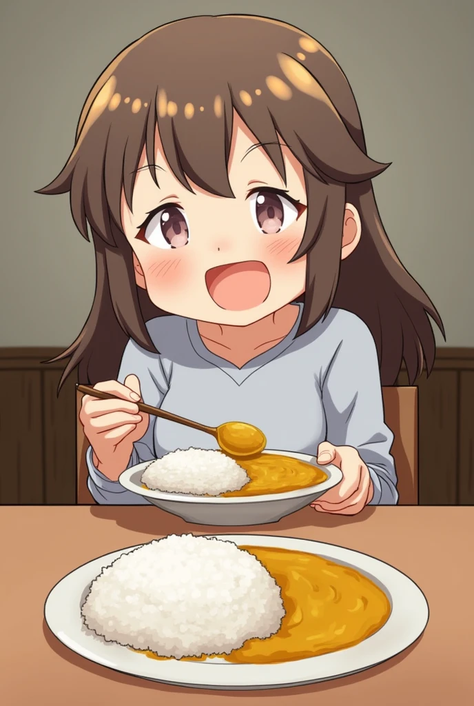 The children gathered in the dining hall、I am eating curry rice made by Japanese people.。Curry roux and rice are served on separate small plates.。Being watched over by my grandma and grandpa。
