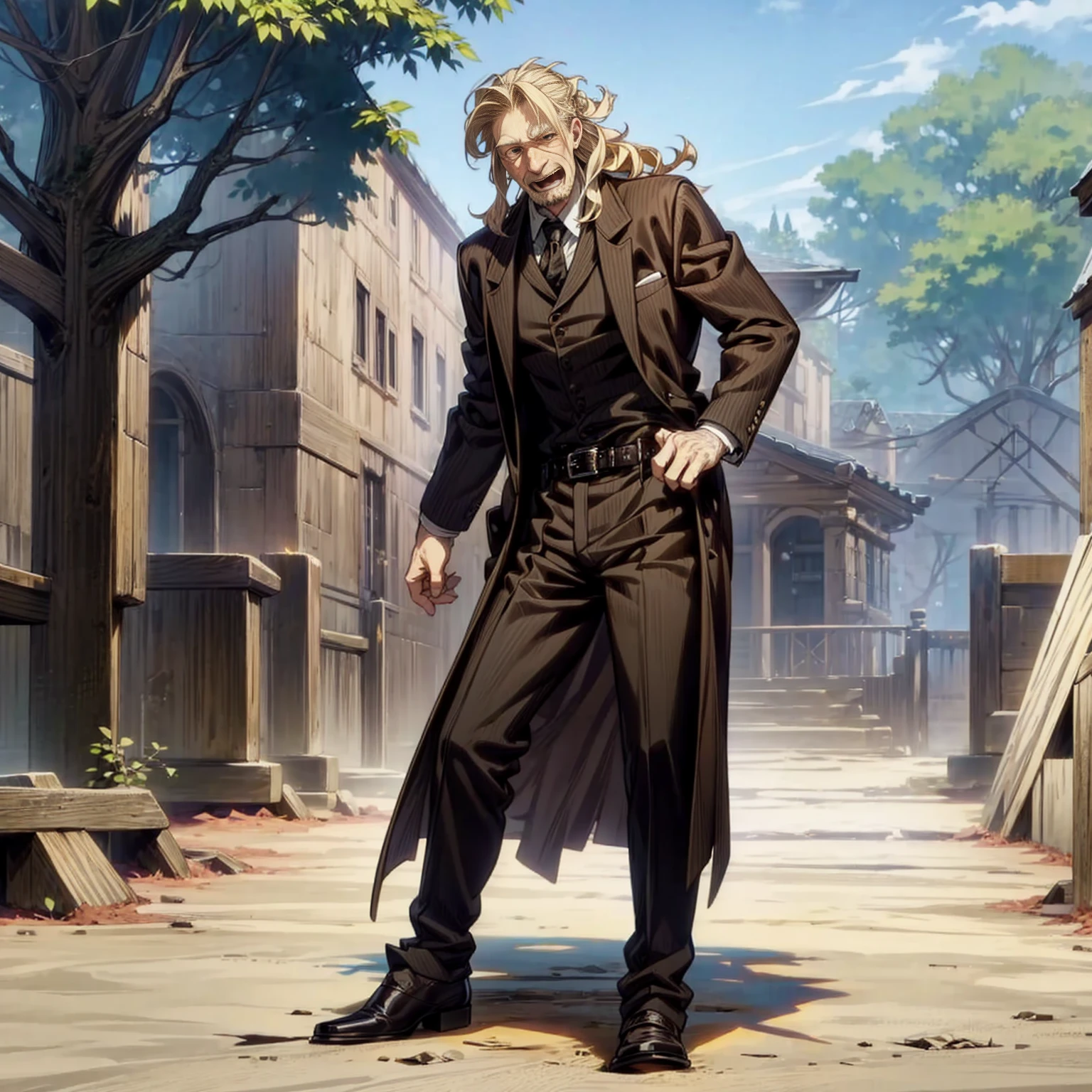 Solo character, full body version, old man, chin beard, black eyes, blonde colour hair, long curly, formal suit clothing, belt, brown boots, outdoor, park, village, medieval, morning, standing gesture, detailed background, detailed clothing, detailed hair, open mouth, happy 