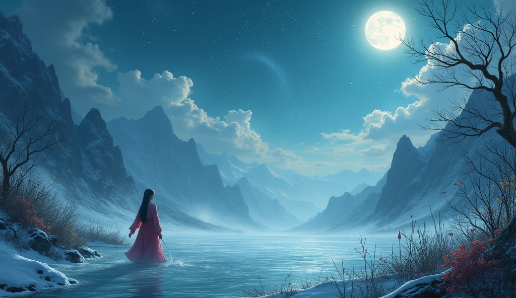 One picture describes five scenes,Movie storyboard scene 1:The sky rises straight up and destroys the vast,The Endless Tai Chi Long Scene 2:I haven't seen blood and grief for years,Forgetting Life and Death and Living in the Dust, Scene 3:Flying Stars Fly Far Away Crossing the Guan River,Ask the Lotus How to Know the Color of Ice and Snow Scene 4:Why hate the desolation after drinking,One Sorrow Is Not Enough to Unite the River Scene 5:The moon falls on the eaves of clothes,Borrowing a sword to pick flowers and scatter branches