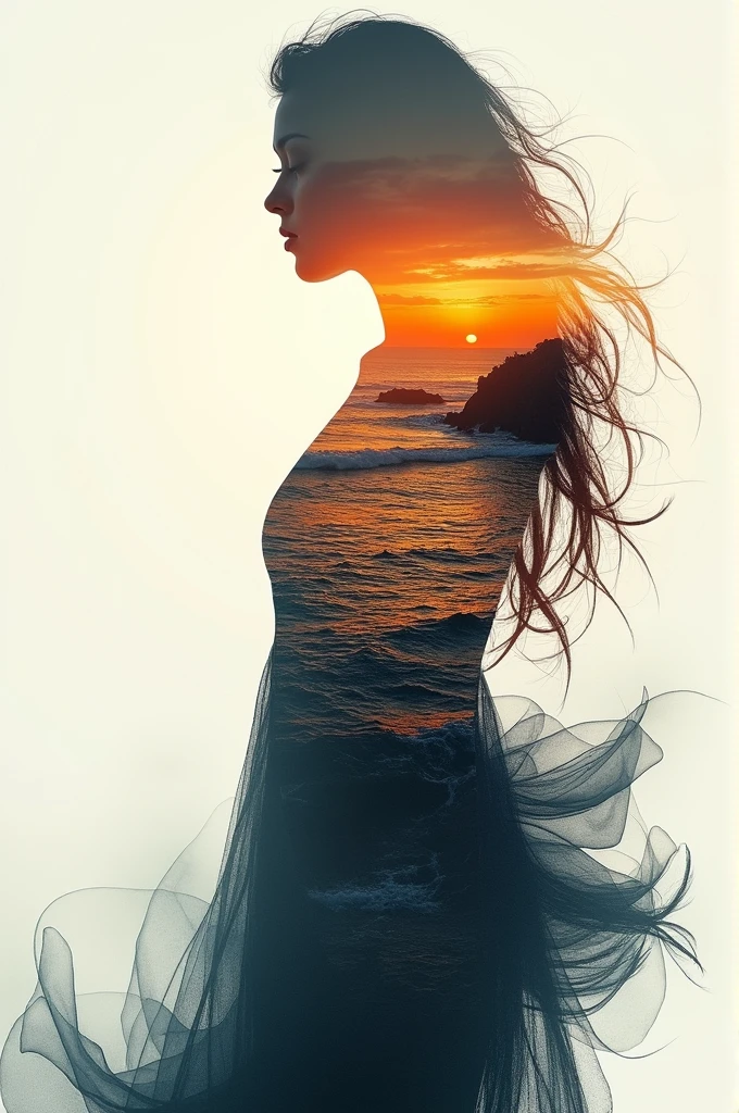 high qualiy, 8k Ultra HD, Uma linda Double exposure que combina uma silhueta de deusa com costa ao pôr do sol, the coast at sunset should serve as a backdrop, with its details incorporated into the goddess, Sharp lines, The background is monochromatic, sharp focus, Double exposure, By Yukisakura, stunning full colors.