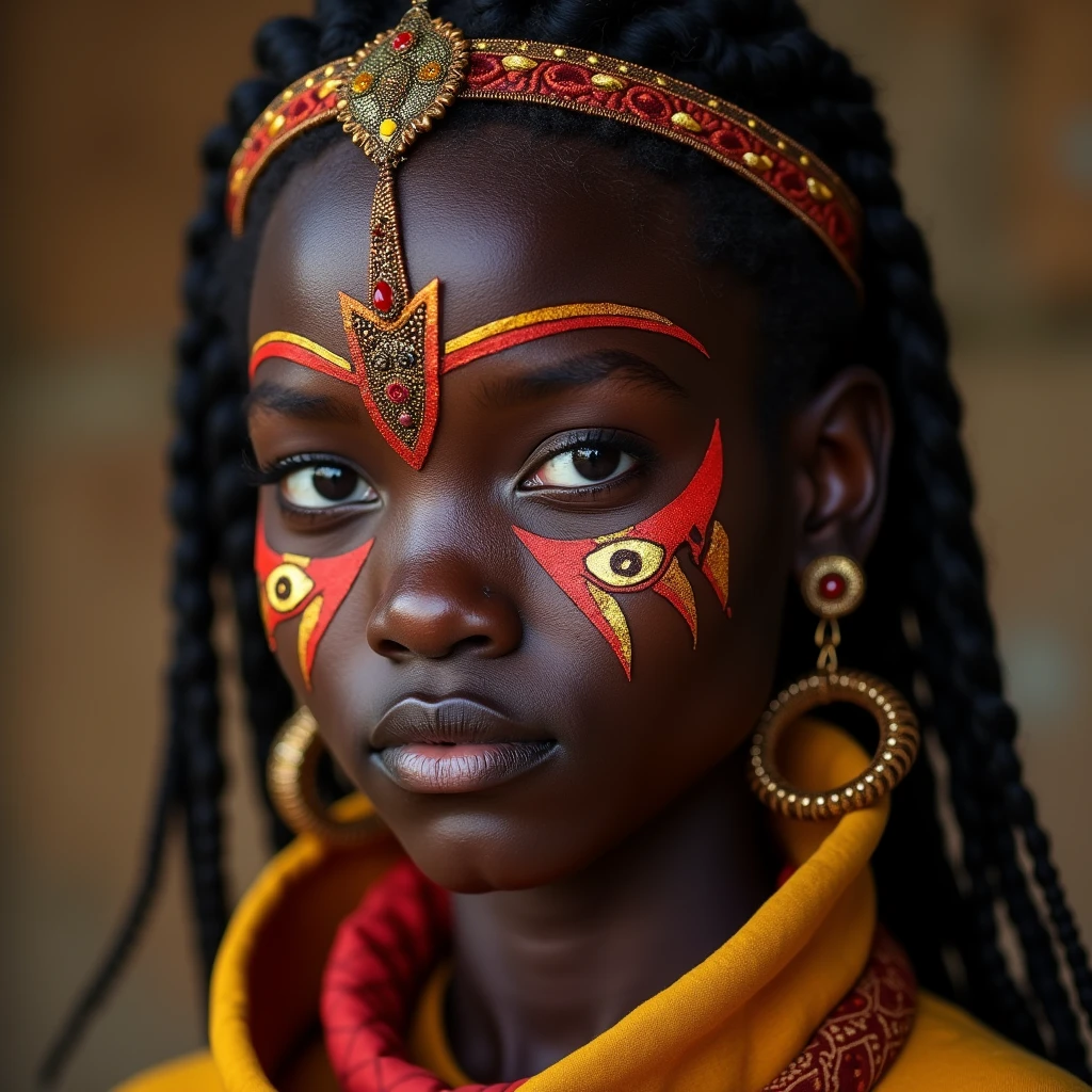, stunning african princess, afrofuturism style, african princess, black african princess, afrofuturism, african queen, stunning portrait, 8k artistic portrait photography, afrofuturistic, anthropological photography, afrofuturist, futuristic himba teenage girl, beautiful portrait, beautiful futuristic himba woman, tribal makeup, fierce eyes