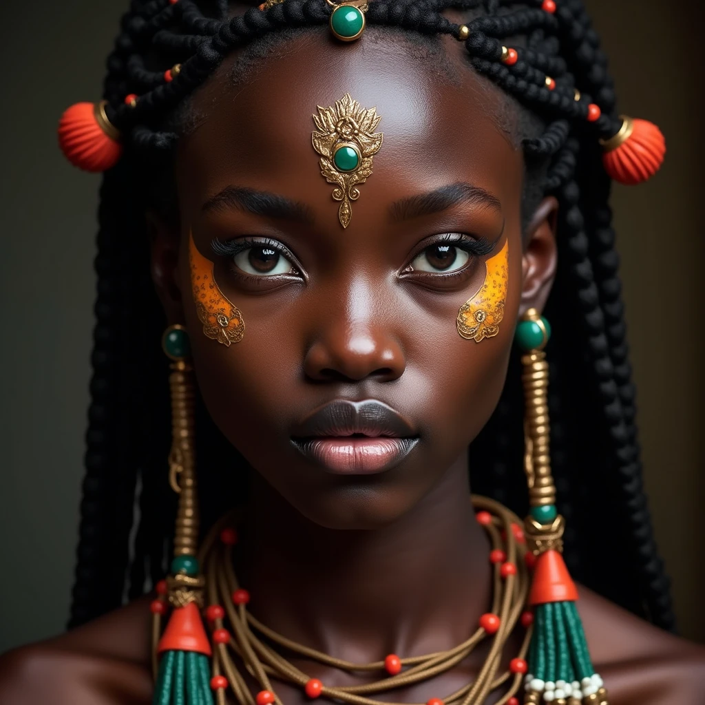 , stunning african princess, afrofuturism style, african princess, black african princess, afrofuturism, african queen, stunning portrait, 8k artistic portrait photography, afrofuturistic, anthropological photography, afrofuturist, futuristic himba teenage girl, beautiful portrait, beautiful futuristic himba woman, tribal makeup, fierce eyes