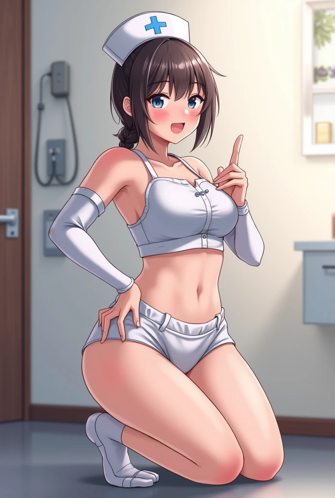 A Female robot is sleeping in bedroom, spread legs, nude, banzai pose. she wears no dress. She Brown short hair is tied with two big red clothespins, She lifts up the under hem of her white plain dress, leaning over, masterpiece, very short pigtails,brown hair, mature, android, blue eyes, full body figure, Height: 160cm, flushed cheeks, 2020s anime picture, A beautiful robot with short brown hair in two short pigtails held up by two very large huge red clothespins, Uplifting, No NSFW, whole body, barefoot, archaic smile, getting orgasm, 25 years old, sweat bucket. 