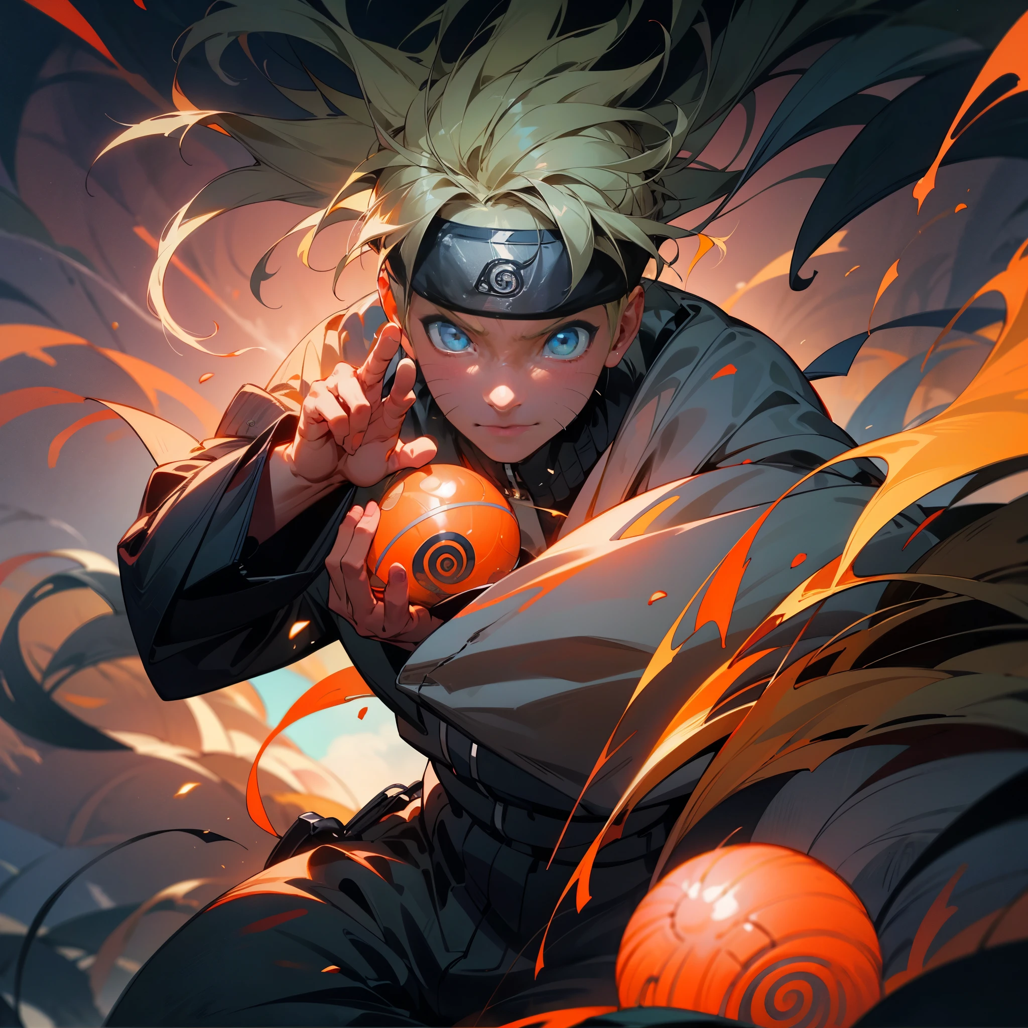 (best quality), (masterpiece), ultra-detailed, 1boy, uzumaki naruto, epic pose, action, combat, energy ball, particle effects, long sleeve, emphasis lines, movement lines, (swirling:1.2), kamehameha, charge, energy ball, electricity, aura, conbat in the forest vs samurai 1.4