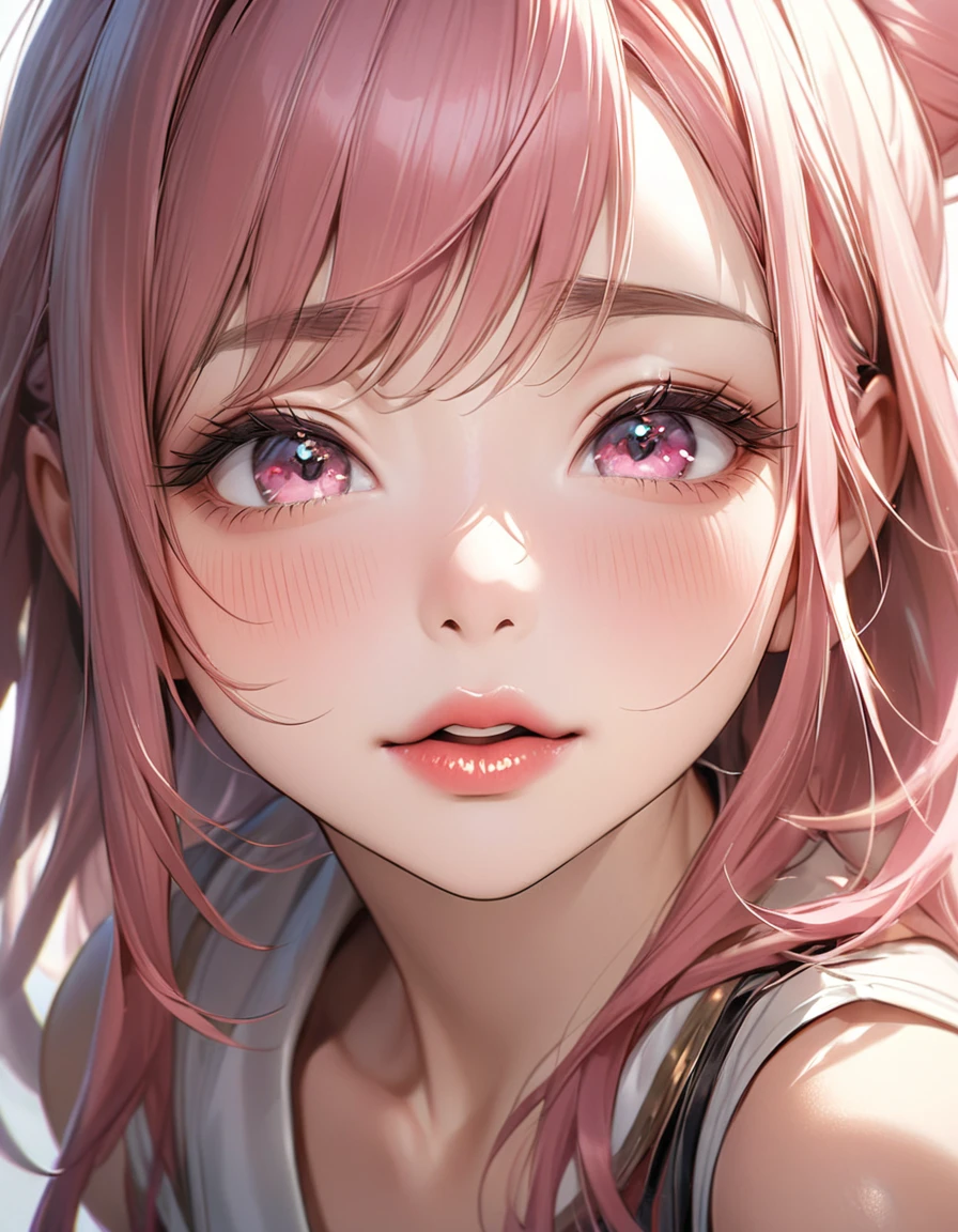 The face of a beautiful girl approaches the viewer, (Girls kissing), alone, (Hair Ribbon:0.4), Pink Eyes,(((White bun hair))),(((Pink long hair))),Perfect and attractive face, Mouth trying to kiss, (((Squint your eyes))), Put your chin forward, Expectations, Shyness, joy, blush, Realistic and attractive nose, Delicate and elegant eyelashes, Fine and thin eyebrows, Natural Makeup, Delicate and perfect brushwork, young and lively々Fresh Skin, break: Showing affection to the audience, Expectations, Shyness, joy, blush, I close my eyes in fear, Put your chin forward, Lips asking for a kiss, Detailed and realistic skin texture, Cute and sexy gestures that will charm you, ((Facing the audience)), View your viewers, Jaw sticking out, Please lower your eyelids, Detailed and engaging, Seduce you, break ((Gently closed eyelids)), The approaching lips, break (close your eyes, Lips asking for a kiss, Approaching Face, Chin forward), (look up:1.3), ((Facing you)), break Face up and look up, Mouth closed for a kiss, (close your eyes:1.3), Expectations, Shyness, joy, blush, Realistic and captivating depictions, First-person view of the viewer, The kiss, (Close-up of face seen from above:1.2).Kunimi Tama