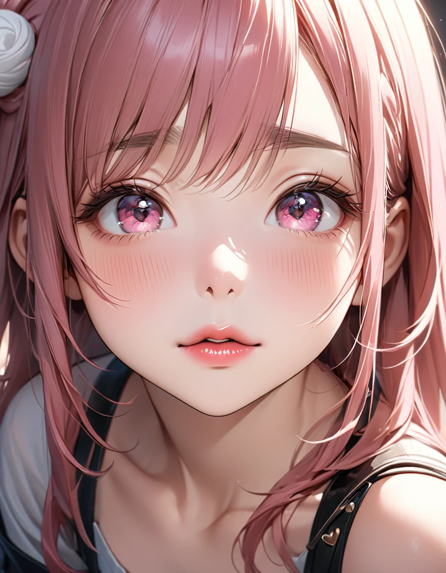 The face of a beautiful girl approaches the viewer, (Girls kissing), alone, (Hair Ribbon:0.4), Pink Eyes,(((White bun hair))),(((Pink long hair))),Perfect and attractive face, Mouth trying to kiss, (((Squint your eyes))), Put your chin forward, Expectations, Shyness, joy, blush, Realistic and attractive nose, Delicate and elegant eyelashes, Fine and thin eyebrows, Natural Makeup, Delicate and perfect brushwork, young and lively々Fresh Skin, break: Showing affection to the audience, Expectations, Shyness, joy, blush, I close my eyes in fear, Put your chin forward, Lips asking for a kiss, Detailed and realistic skin texture, Cute and sexy gestures that will charm you, ((Facing the audience)), View your viewers, Jaw sticking out, Please lower your eyelids, Detailed and engaging, Seduce you, break ((Gently closed eyelids)), The approaching lips, break (close your eyes, Lips asking for a kiss, Approaching Face, Chin forward), (look up:1.3), ((Facing you)), break Face up and look up, Mouth closed for a kiss, (close your eyes:1.3), Expectations, Shyness, joy, blush, Realistic and captivating depictions, First-person view of the viewer, The kiss, (Close-up of face seen from above:1.2).Kunimi Tama